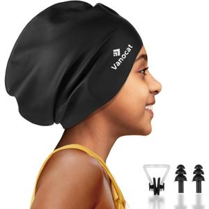 Kids Extra Large Swim Cap for Long Hair, Waterproof Silicone Swimming Caps for Boys Girls Children Youth Teen, Large Swim Hat for Long Thick Curly Hair & Dreadlocks Braids Weaves Afro Hair (Black)
