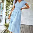 PRETTYGARDEN Women's Summer Floral Boho Dress Wrap V Neck Short Sleeve Ruffle A-Line Flowy Maxi Wedding Guest Dresses (Solid Light Blue, Large)