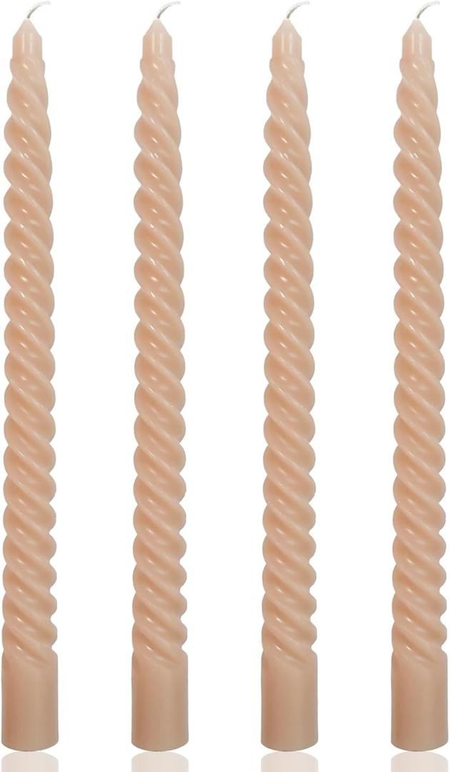 Light-Mocha Spiral Taper Candles for Home Decoration, 4 Pack 10 Inch Candlesticks for Dinner Party Holiday Birthday Celebration, Dripless and Smokeless