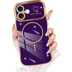Fiyart Designed for iPhone 16 Case, Cute Wave Frame Curly Shape Love Hearts Plating for Women Girls Camera Protection Compatible with MagSafe Magnetic Shockproof Bumper 6.1"-Purple