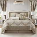 Stratford Park Beige Comforter Set King, 15 Pieces Room in a Bag, Elegant Patchwork Damask Jacquard Bedding Set, Matching Bedskirt, Flat Sheet, Fitted Sheet, Pillow Shams, Curtains