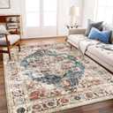 Washable Area Rug 9'x12' Beige Blue Boho Chic Medallion Distressed Design Non-Shedding Easy Care Ideal for High Traffic Areas in Living Room Bedroom Office Coffee Table Large Carpet (9' x 12' (Rectangular), Beige and Blue)