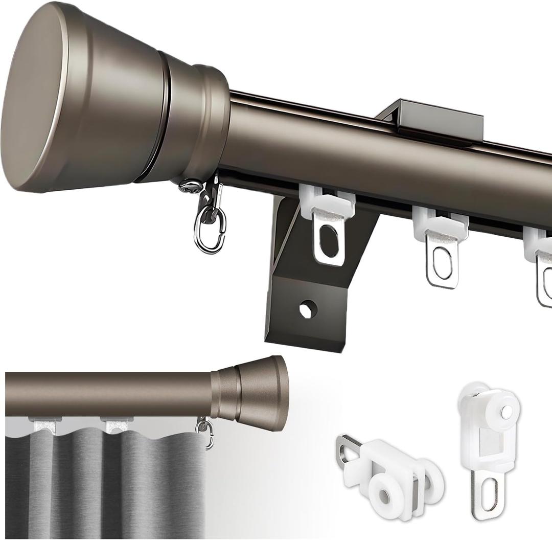 Single Curtain Track for Windows, 2.5m(8.2ft) Wall Mounted Heavy Duty Decorative Curtain rail with End Caps, Aluminum Brackets, Silent Wheels Easy to Install for Bedroom Living RoomChampagne