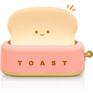 TOOGE Cute Toast Lamp, Small Desk Lamp, Night Light, Rechargeable, Pink, Plastic, Kawaii Decor for Bedroom, Table, Bedside, Desk, Gifts for Kids and Adults