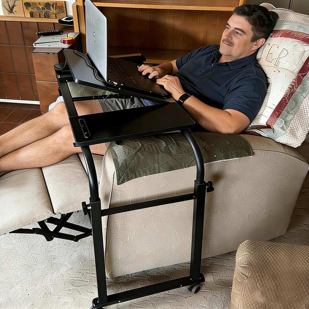 KOMOREBI Overbed Table with Wheels Laptop Desk Cart Table Over The Bed Table Adjustable Height and Length for Hospital and Home use (Black)