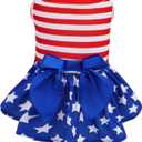 PUPTECK Print Dog Dress Pet Apparel for 4th of July with Cute Bowtie Puppy Clothes Outfit, USA Flag Indepandence Day Stars and Stripes Patriotic, Flag, S