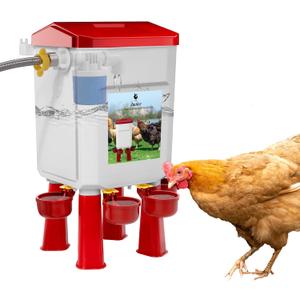 Automatic Chicken Waterer, Float-Controlled Chicken Water Feeder, Large Watering System with 60 Inch Water Hose (One End 3/4''), Poultry Waterer for Duck Quail Turkey Chick (2 Gallons, Red)
