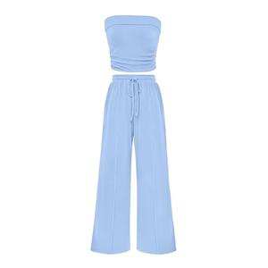 PRETTYGARDEN Womens Summer Outfits 2 Piece Sets Casual Ribbed Knit Crop Tube Top Wide Leg Pants Spring Matching Lounge Set (Light Blue,X-Large)