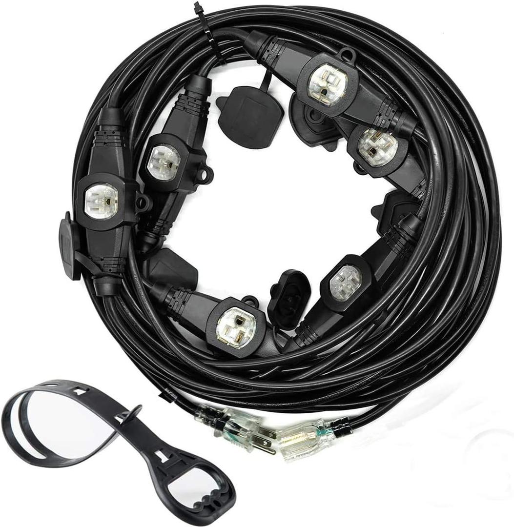 50FT Multiple Power Extension Cord Black,7 Evenly-Spaced Inline Outlet, LED Indicator.16 Gauge 13Amp 1625Watts,Weatherproof Ideal for Outdoor Landscaping Lighting,Holiday Decoration ETL Listed