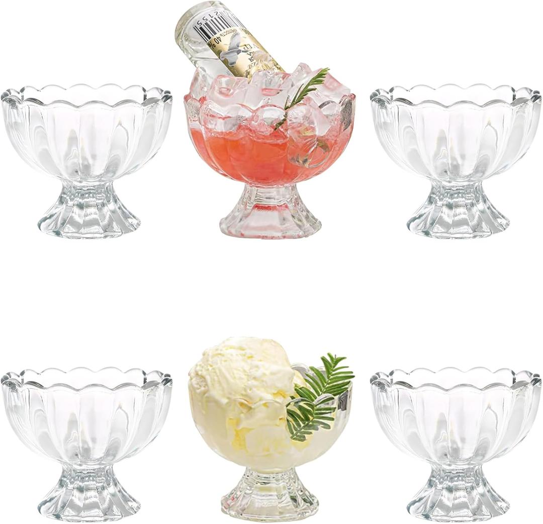 CasaVibe Vintage Glass Dessert Bowls, Ice Cream cups, 5oz Dessert cups, for Sundae, Fruit, Ice Cream, Pudding, small snacks,Condiment (6)