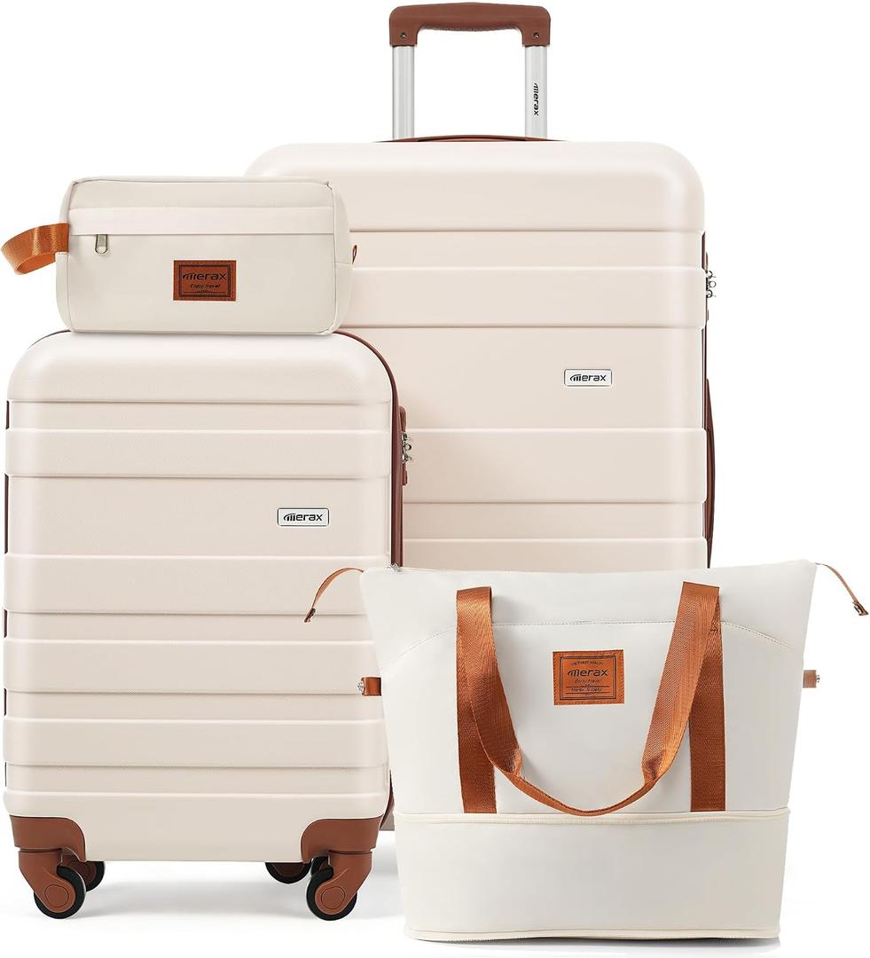 4-Piece Luggage Set, Suitcase with TSA Lock Travel Duffel Bag Wet-Dry Toiletry Bag, Ivory