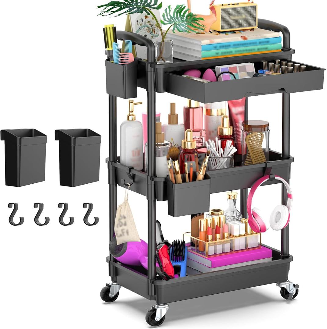 Goovilla 3 Tier Rolling Utility Cart Organizer with Removable Drawer, Stable and Sturdy Black Rolling Storage Carts with 2 Lockable Wheels for Bathroom, Kitchen, Snack, Craft, Makeup, Baby Essentials, Black