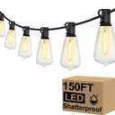 Brightever Outdoor String Lights 150FT, Patio Lights with 75+2 Dimmable ST38 Shatterproof LED Bulbs, Vintage Edison String Lights for Outside, Waterproof Bistro Lights for Halloween Backyard 2700K (150FT-Warm White, Black Wire)