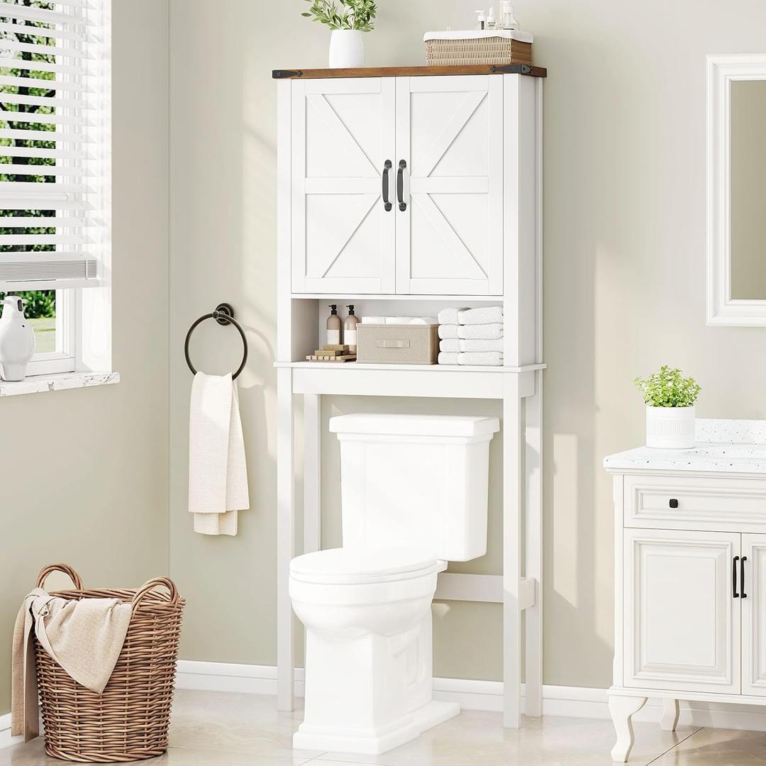 Over The Toilet Storage Cabinet, Farmhouse Over Toilet Bathroom Organizer with 2 Barn Doors, Narrow Above Toilet Storage Cabinet, Behind Toilet Bathroom Organizer (Rustic White) Over The Toilet Storage Cabinet, Farmhouse Over Toilet Bathroom Organizer with 2 Barn Doors, Narrow Above Toilet Storage Cabinet, Behind Toilet Bathroom Organizer (Rustic White)
