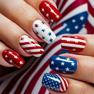 4th of July Press on Nails Independence Day Fake Nails Short Square False Nails with Star and Blue Red Stripe Designs Patriotic Nails Glossy Acrylic Nails Fully Cover Stick on Nails for Women 24 Pcs