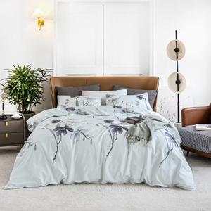 YuHeGuoJi Grey Floral Duvet Cover King 100% Egyptian Cotton 3 Pcs Set 1 Light Blue Botanical Duvet Cover with Zipper Ties 2 Pillowcases Garden Gray Plant Flower Bedding Set Soft