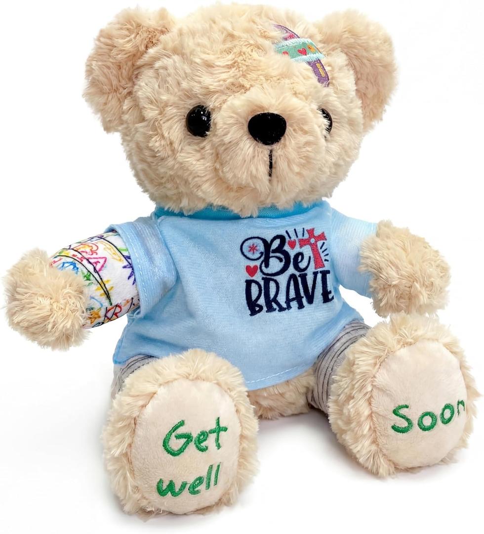 Get Well Soon Bear for Surgery Recovery Gifts, Emotional Comfort Stuffed Animal for Kids & Women, Tonsillectomy & Appendix Post-Op Plush, Be Brave Hospital Patient Companion, 8 Inch Beige