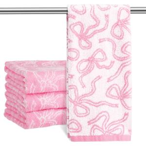 4 Pcs Coquette Pink Bow Hand Towels 13 x 29'' Soft 100% Cotton Absorbent Decorative Towels for Bathroom Kitchen Spring Easter Decor Galentine's Day Gifts