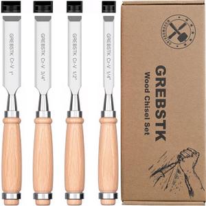 GREBSTK 4 Pcs Wood Chisel Set, CRV Steel Bevel Sharp Edge Bench Chisels with Edge Cover, Comfortful Beech Handle, for Woodworking and DIY Projects, 9.5"x(1/4", 1/2", 3/4", 1")
