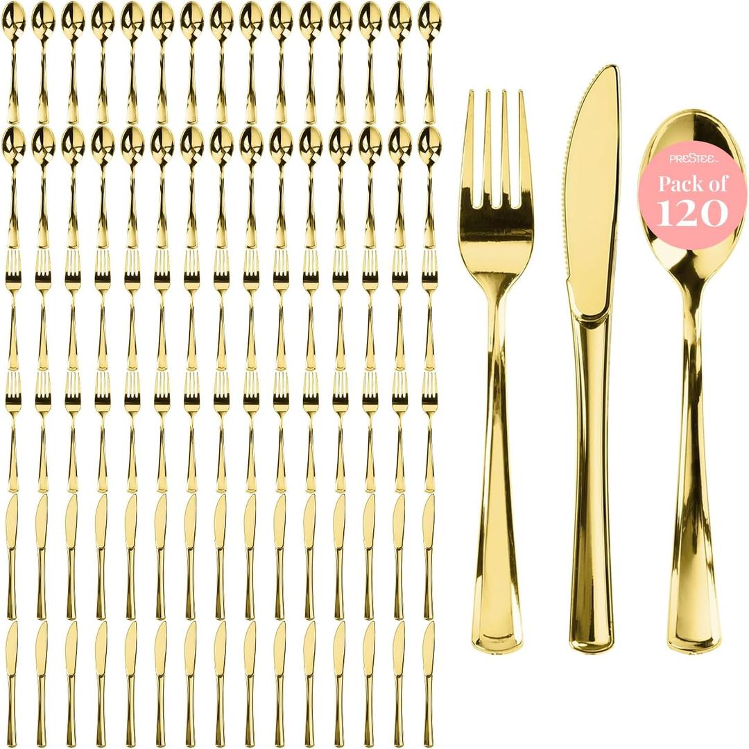 Prestee 120 Cutlery Set - Gold Plastic Silverware Set of 40 Forks, 40 Spoons, 40 Knives - Heavy Duty Plastic Utensils and Disposable Flatware - Elegant Knives Spoons and Forks Set for Events