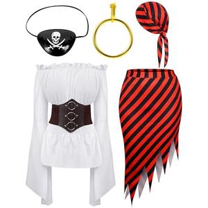 Silicherry Women Pirate Costume Set - Renaissance Adult Costume With Head Scarf Hat for Carnival Mardi Gras Cosplay L