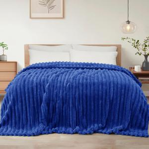 Exclusivo Mezcla Queen Size Flannel Fleece Blanket, Super Soft Striped Jacquard Bed Blanket, Lightweight Fuzzy Cozy for All Seasons, 90x90 Inches, Cobalt Blue