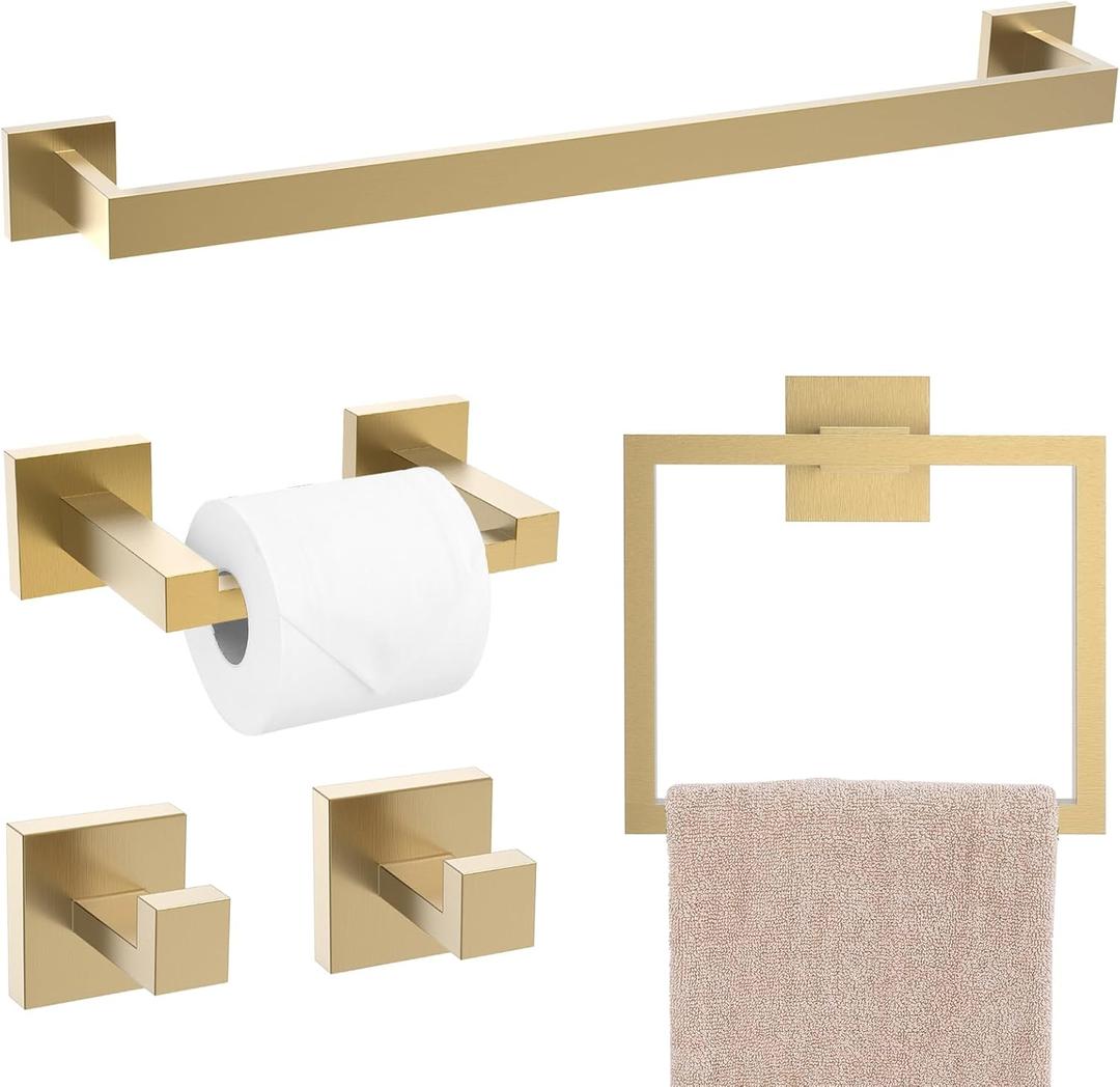 TQKAG Brushed Gold Bathroom Hardware Accessories Set 5 Pieces, Double Post Pivoting Toilet Paper Holder Set Stainless Steel Square Bathroom Towel Bar Holder Set Wall Mounted