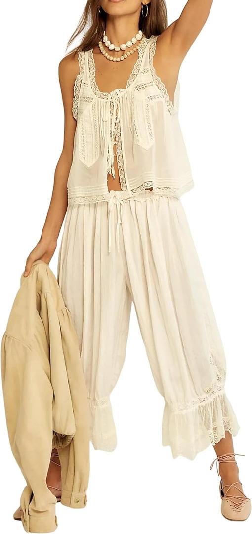 Aonoapll Women Y2k Lace Trim 2 Piece Pajama Set Tie Front Button Tank Top and Long Bloomer Pants Pj Set Loungewear (White, S)