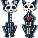 2 Pcs Day of The Dead Skeleton Cat and Dog Figurines, Dia De Los Muertos Wooden Table Decoration, Black Altar Sugar Skulls Tabletop Sign for Mexican Halloween Home Tiered Tray Decor Desk Mantle