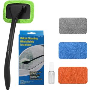 Car Windshield Cleaning Tool, Windshield Cleaner with 4 Washable and Reusable Microfiber Pads and Extendable Handle, for Auto Glass Wiper