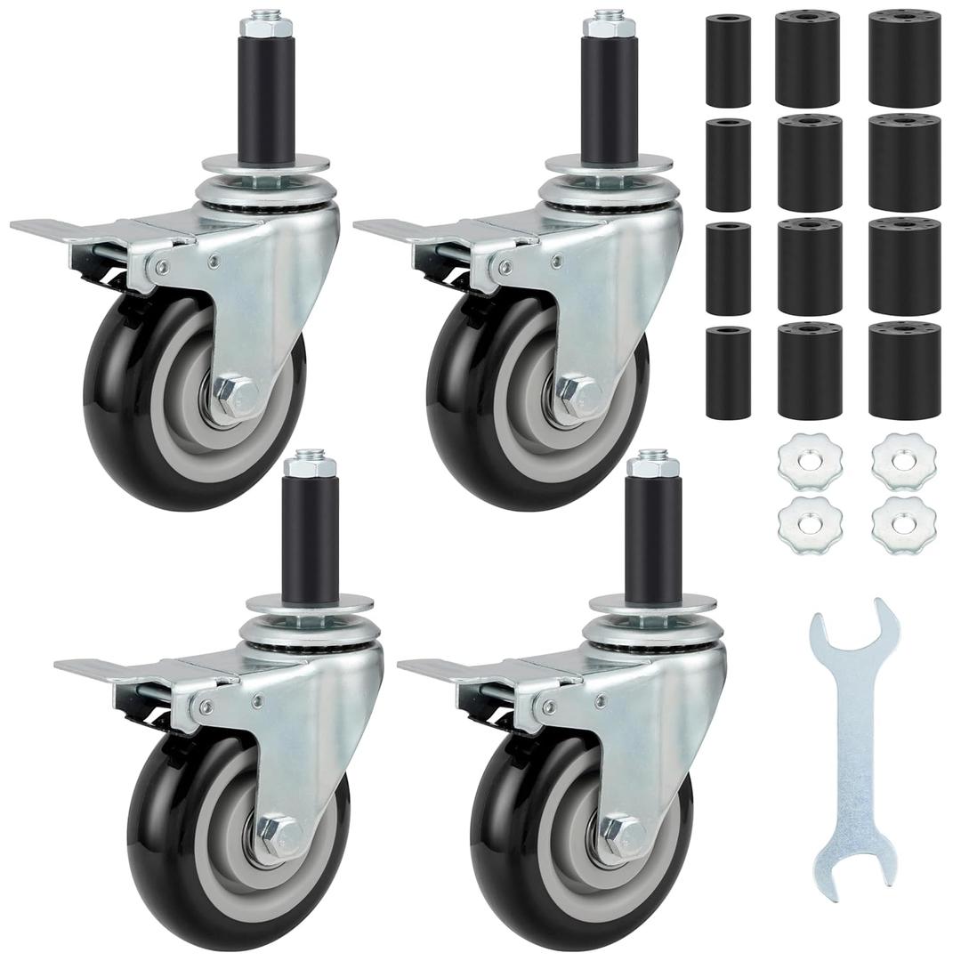 Finnhomy 4 Inch Prep Table Cater Wheels Set of 4 Heavy Duty Expanding Stem Casters Fit 7/8", 1", 1-1/2" and 1-5/8" Tube Leg with Brake for Stainless Steel Furniture Legs, Worktable, Kitchen Workbench (Black)