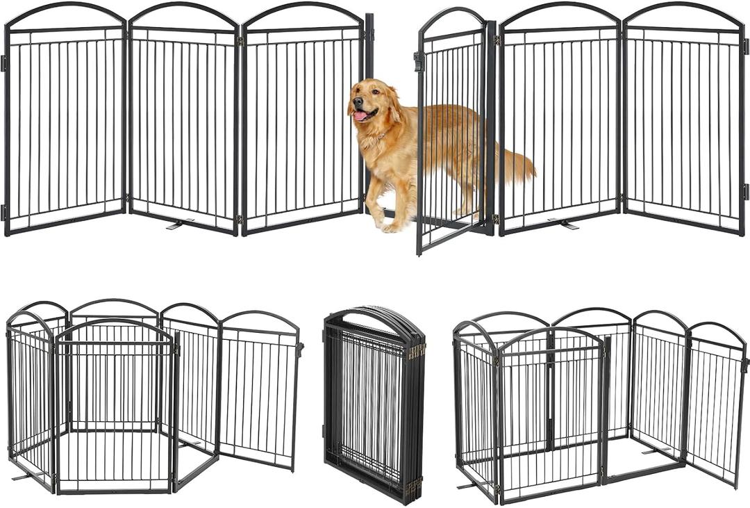 Full Metal Free Standing Dog Gate with Door for Indoor Barriers,144'' Extra Wide 32'' Tall Dog Gate for Doorways,Large Openings,Decks,Freestanding Portable Pet Fence(6 Panels,Black)