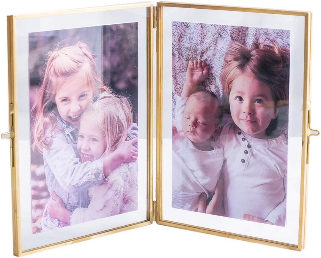 Double Picture Frames Gold Double Pictures Frame with Pressed Glass Photo Frame, Brass (5 x 7)