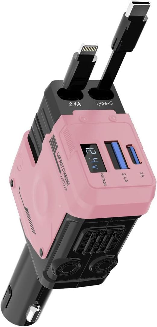 Retractable Car Charger, 4 in 1 Retractable Phone Charger with 66W Fast Charging, 2 Retractable Cables and 2 USB-C USB-A Port Compatible with iPhone 17/16/15/14/13/12/11,Samsung, Galaxy,Pixel (Pink)