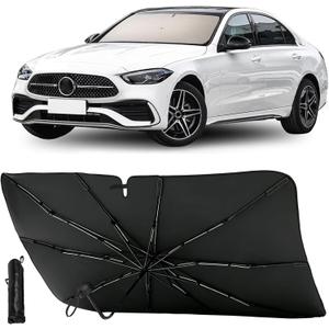 Foldable Car Windshield Sun Shade Umbrella, Reflective Titanium Silver Coating, Rearview Mirror Cutout, for Hatchback, Truck, SUV