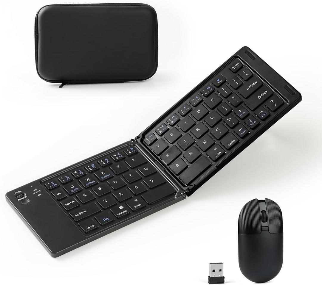 Foldable Keyboard and Mouse, 2.4G Wireless+Dual Bluetooth5.0 Folding Keyboard & Mouse Combos for Business and Travel, USB-C Rechargeable Portable Keyboard Mouse for iPads, Phones, Tablets-Black