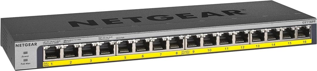 NETGEAR 16-Port Gigabit Ethernet Unmanaged PoE Switch (GS116PP) - with 16 x PoE+ @ 183W, Desktop, Wall Mount or Rackmount, and Limited Lifetime Protection