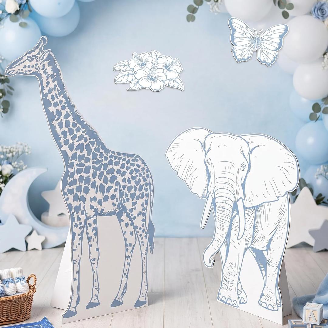 4PCS Blue Safari Baby Shower Decorations, Jungle Animal Cardboard Standee Set, Toile de Jouy Style Decor
