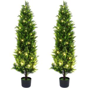 PINPON 2 Pack 4FT Artificial Cedar Trees with Detachable LED Light Strip Lighted Realistic Faux Topiary Evergreen Shrubs UV Resistant Potted Plants for Indoor Outdoor Front Porch Entryway Patio Decor