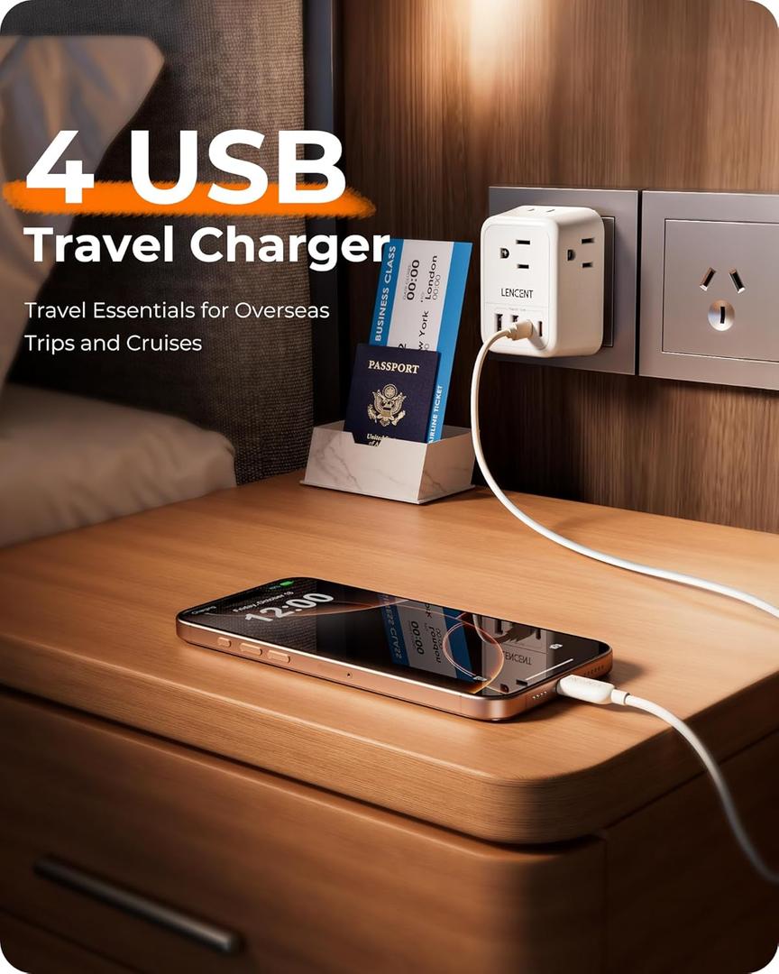 Foldable Australia Travel Plug Adapter, US to New Zealand China Power Adaptor with 4 Outlets, 4 USB Charger(2 USB C Port), Type I Travel Adapter for USA to Australian, AU, Argentina, Fiji