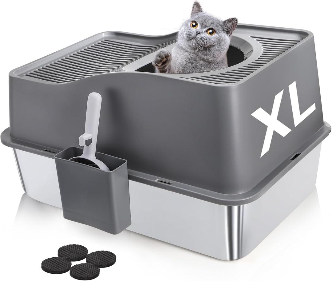 SOUJOY Stainless Steel Cat Litter Box with Lid, Extra Large Top Entry Litter Boxes for Big Cats, Enclosed Removable Metal Litter Box with Scoop and High Wall, Anti-Leakage, Easy Cleaning