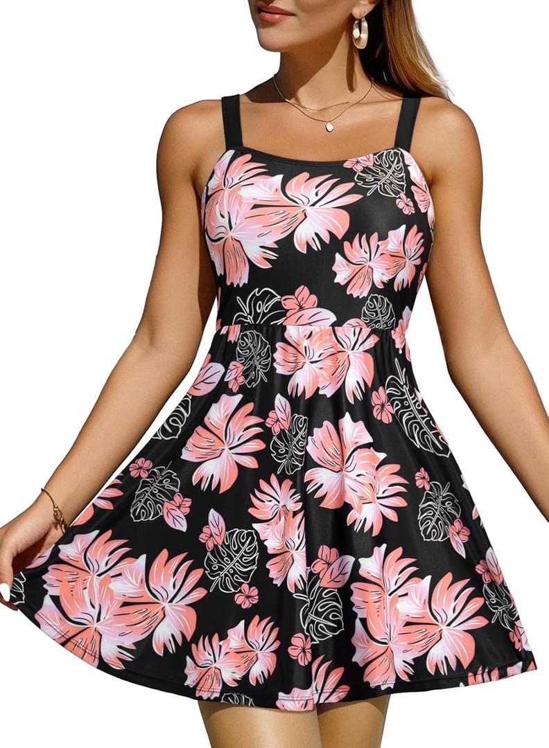 Aleumdr Women's One Piece Swimsuit Tummy Control Swim Dress Modest Full Coverage Skirt Bathing Suit with Pockets (Large, Printed Black)