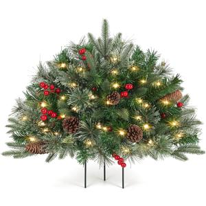 Outdoor Christmas Tree Frosted Urn Filler, Pre-lit Artificial Xmas Tree with LED Lights, 18 Inch Small Christmas Tree with Cones & Red Berries (1ft 6in, Green & Warm Light)