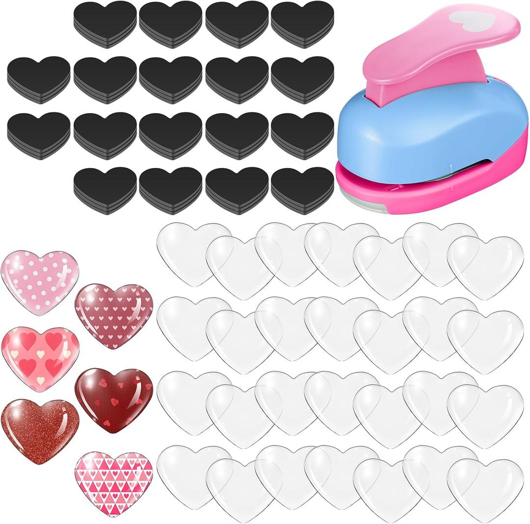 Honeydak 121 Pcs Fridge Glass DIY Magnets Making Kit Include 1.34-1.5inch Paper Punches Large Ferrite Magnets Maker with Clear Glass Cabochons for Craft DIY Refrigerator Magnet Office(Heart)