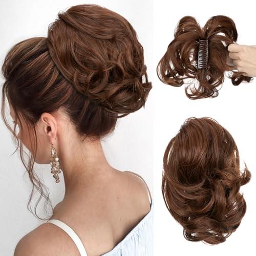 CJL HAIR Claw Clip Short Ponytail Hair Extensions DIY Bendable Metals Messy Bun Hair Piece for Wonen Wavy Curly Synthetic Fake Hairpieces Red Vino