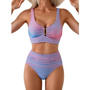 Eomenie Bikini Sets for Women High Waisted Two Piece Bathing Suit U Wired V Neck Swimsuit Adjustable Straps Swimwear, Size: Small