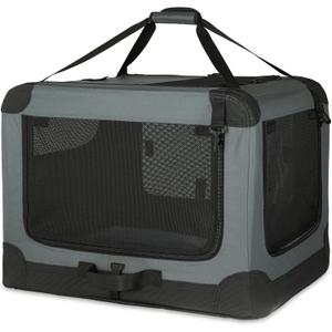 Amazon Basics 4-Door Portable Folding Soft Dog Crate, Collapsible Travel Kennel for Cat, Dog, and Small Animals, Pop Up with Fleece Mat, Water-Resistant Base, Grey, 36" x 24" x 24"