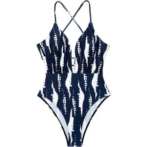 Floerns Women's One Piece Swimsuit Plunge Neck Criss Cross Tie Back Monokini Bathing Suit (Blue, S)