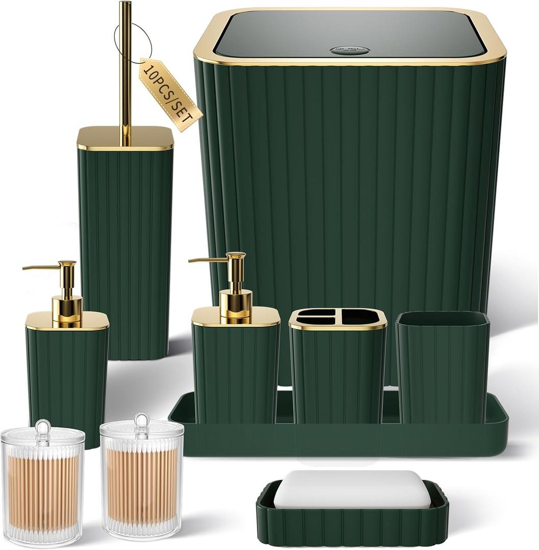 Bathroom Accessories Set - Gorgeous Green Bathroom Set, 10PC Green Bathroom Accessory Set, Bathroom Sets with Toilet Brush, Bathroom Trash Can
