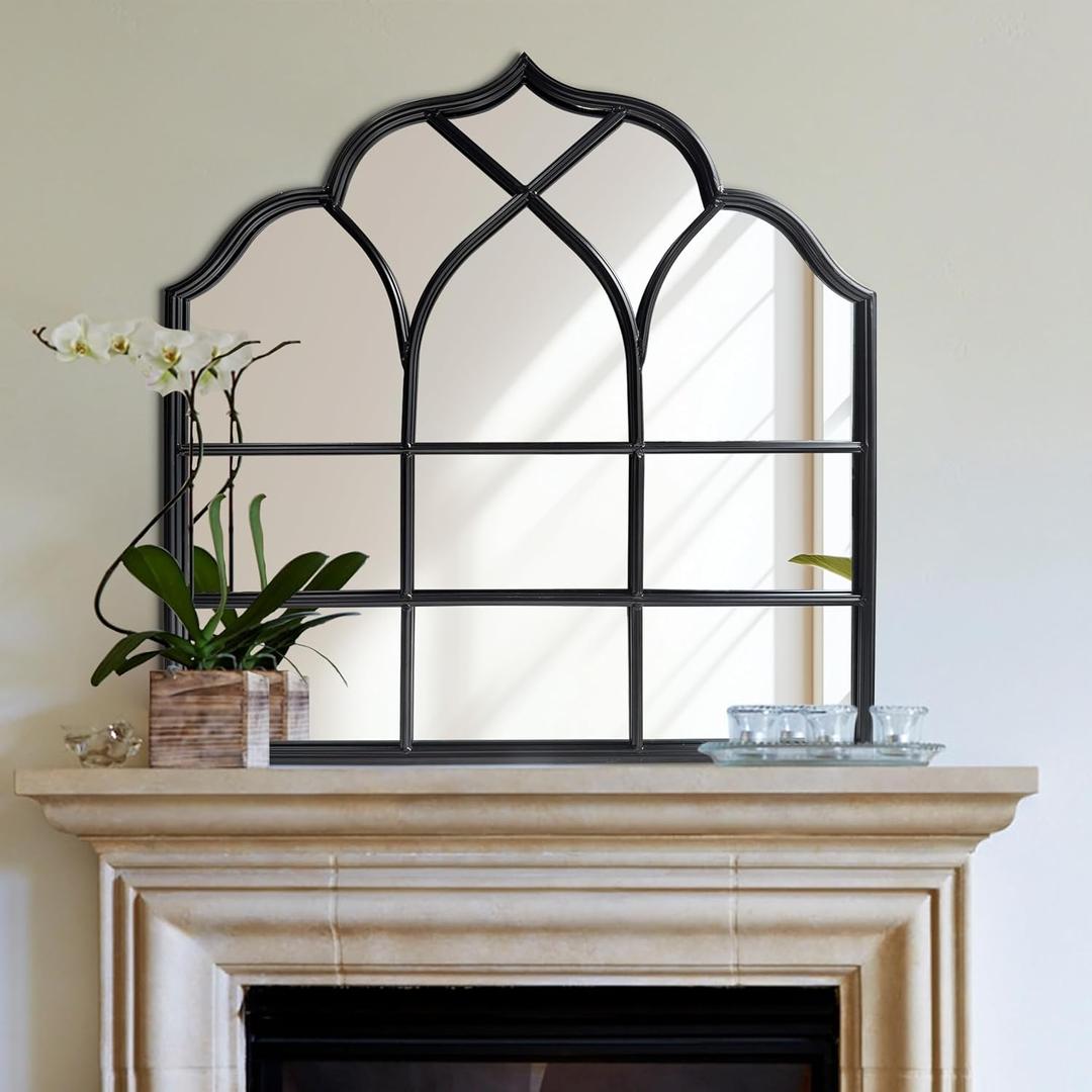 BAODANFU Window Mirror Pane, Black Metal Frame, Cathedral Arched Wall Mirrors Decorative Over Fireplace Mantel, Farmhouse Decorations for Dining Living Room Hallway Entryway